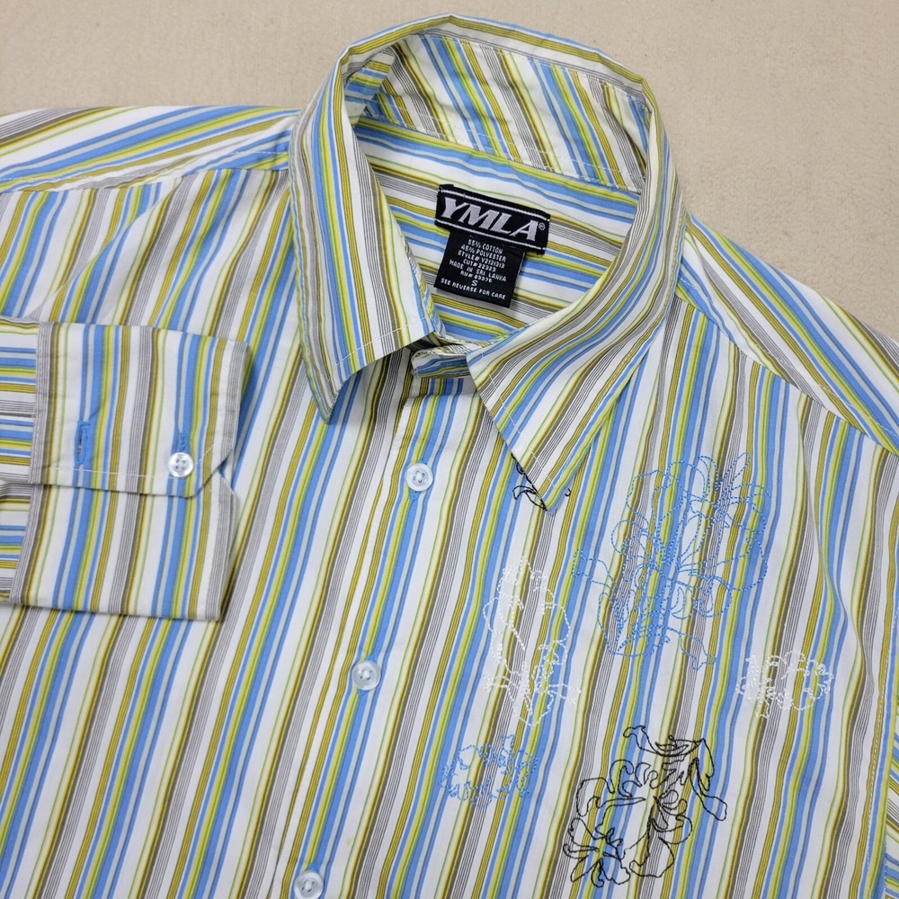 YMLA Mens Small Multicolor Striped Button Up Long Sleeve Embroidered Floral